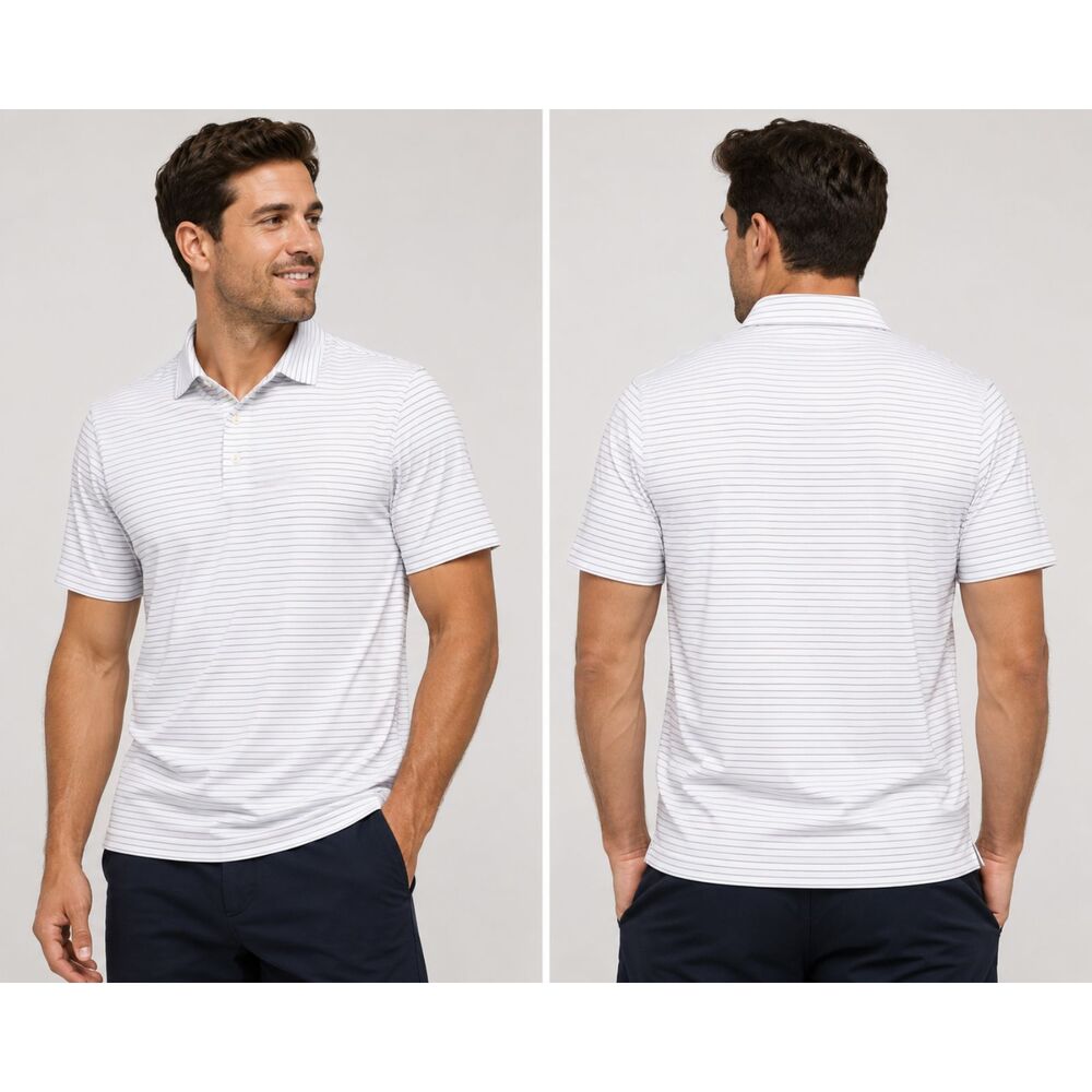 NWT FLX Wander Polo Men’s Medium White Gray Stripe Stretch Moisture Wicking